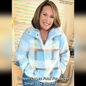 Small Colleen Lopez Faux Fur Jacket In Ice Blue Plaid- Soft, Warm & Breathable